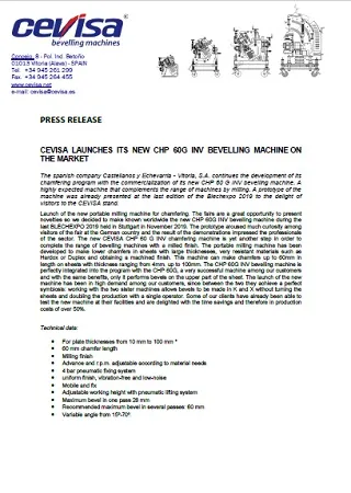 CEVISA LAUNCHES ITS NEW CHP 60G INV BEVELLING MACHINE ON THE MARKET