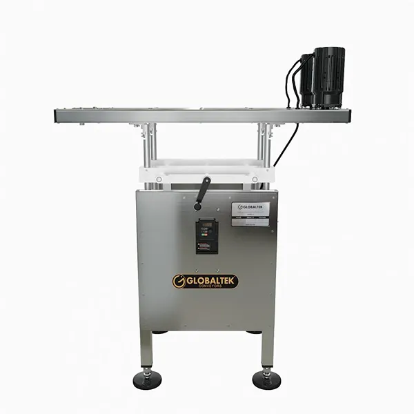 GLOBALTEK Bottomless Side Belt Transfer Conveyor with Tilting Capabilities and Enclosed Frame